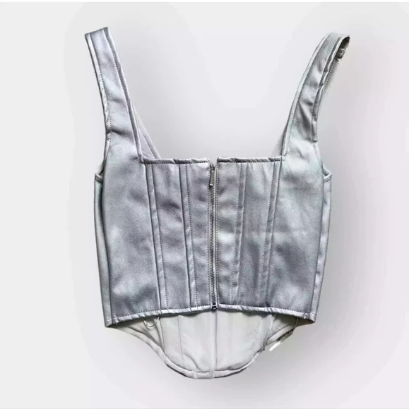 NWOT Japna Metallic Silver Zip Up Corset Faux Leather Crop Bustier Sz S - Picture 8 of 12